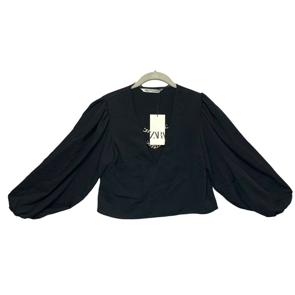 Zara Cropped Balloon Sleeve Gold Chain V-Neck Top NWT Sz XS Black Lightweight
